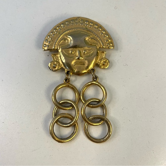 Gorgeous Vintage Aztec Inca Mayan Style Gold Tone Brooch - Picture 1 of 2